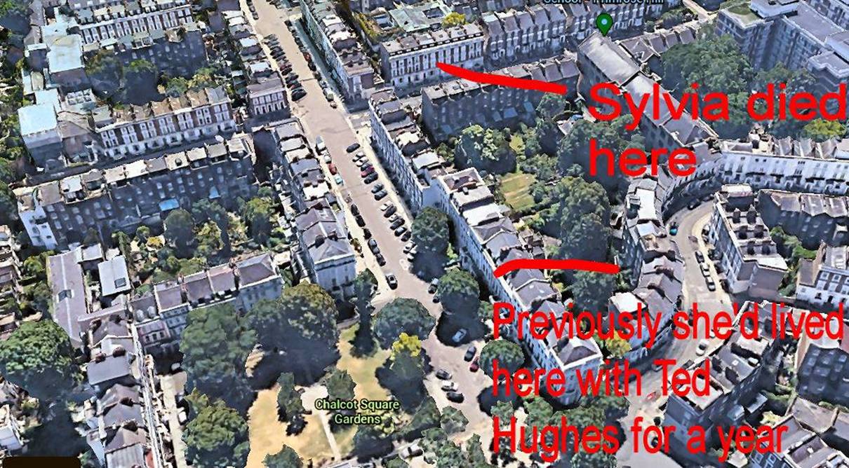 Image may contain: one or more people and outdoor, text that says "我得。 Sylvia died here B Chalco Square Gardens Previously shed lived here with Ted Hughes for a year"